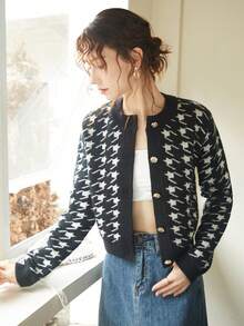 Knit Mix Women Houndstooth Cropped Cardigan - Black - View 7