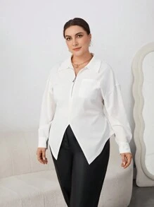 SHEIN Essnce Plus Size Women'S Long Sleeve T Shirt With Zipper Front - White - View 4