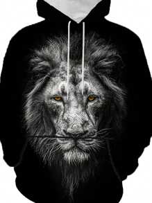 Hombre Plus 3d Sudadera Con Capucha Con Cordón Con Impresión De León - Negro - Ver 3