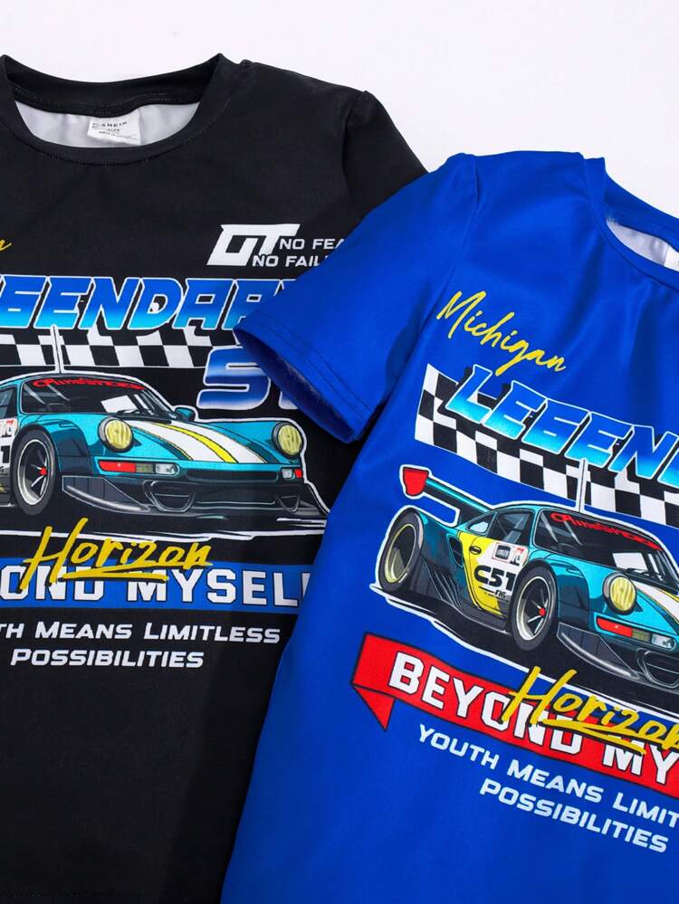 Tween Boy Snug Fit Casual Street Cool Printed Round Neck Short Sleeve Top (Two-Color Optional) With Shorts And Home Clothes Three-Piece Set