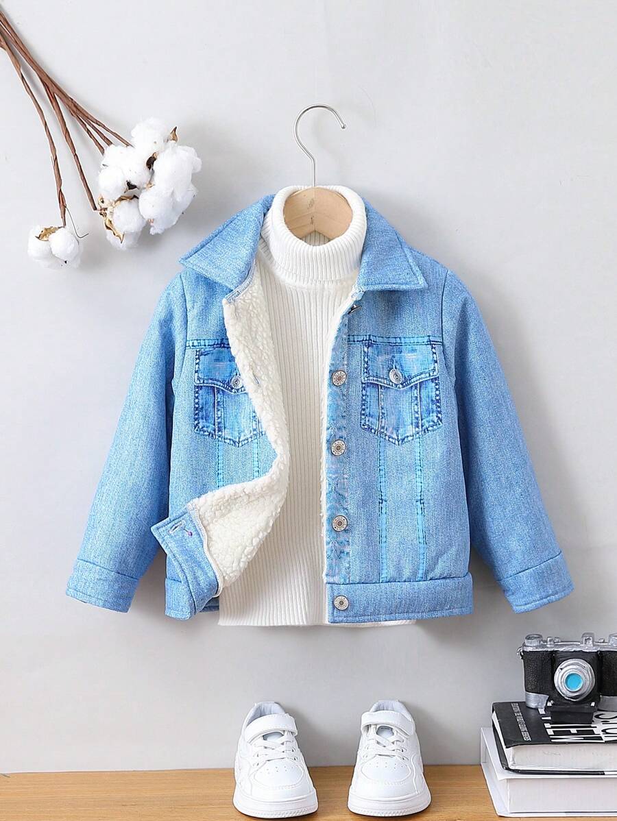 SHEIN Young Girl Figure Graphic Denim-Effect Print Jacket - Medium Wash - View 1