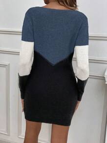 SHEIN Clasi Khối màu Đầm Áo len - Màu xanh lam - Xem 2