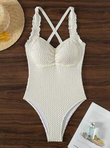 SHEIN Swim Màu thuần Người yêu Đường viền cổ áo Áo tắm một mảnh - Màu be - Xem 6