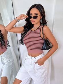 SHEIN Essnce 夏季條紋短款背心上衣 - 珊瑚粉 - 查看 6