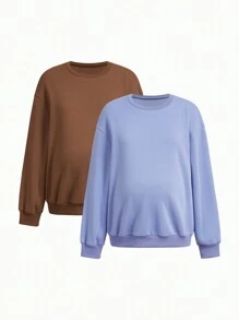 SHEIN Maternity Round Neck Drop Shoulder Long Sleeve Sweatshirt, For Winter - Multicolor - View 3