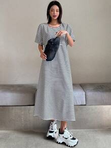 DAZY 女士條紋圓領連衣裙 - 黑與白 - 查看 6