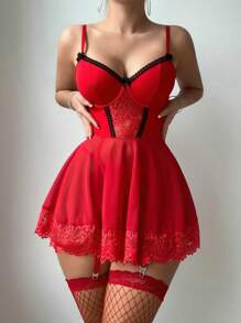 女士 4 件套性感内衣套装，包括连衣裙、吊袜带、丁字裤和 2 双长袜，适合狂欢派对新娘内衣 - 紅色 - 查看 4