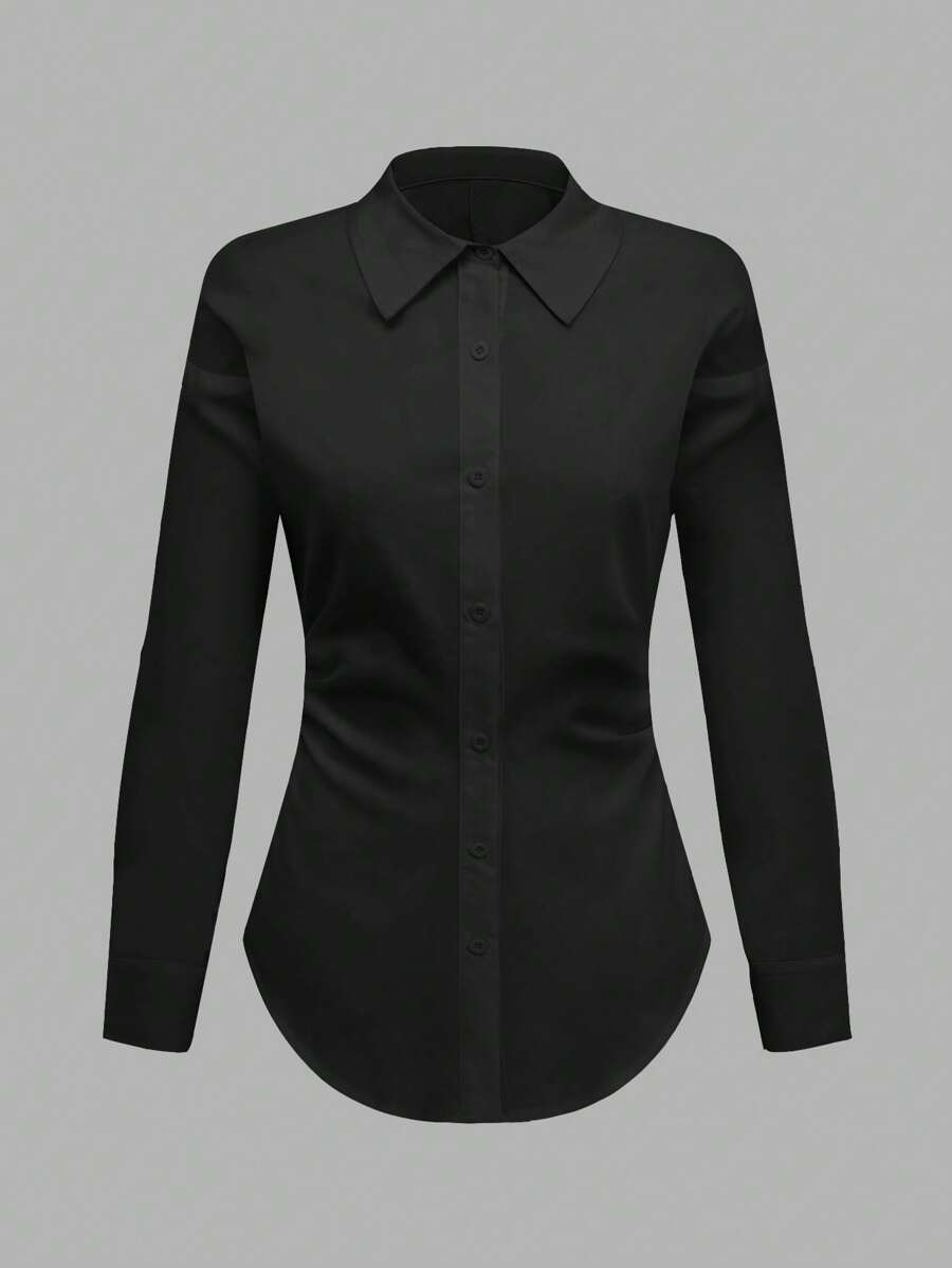 SHEIN Unity 純色長袖襯衫 - 黑色 - 查看 1