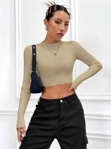 SHEIN Unity 修身款短版長袖毛衣 - 米色 - 查看 4