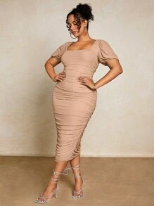SHEIN BAE Women'S Square Neck Pencil Dress With Ruched Design, Wedding Guest Dress,Birthday Dresses For Women - Khaki - View 5