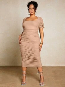 SHEIN BAE Women'S Square Neck Pencil Dress With Ruched Design, Wedding Guest Dress,Birthday Dresses For Women - Khaki - View 6