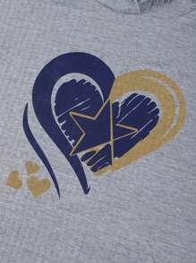 SHEIN LUNE Áo nỉ có mũ in hình trái tim cỡ lớn, có dây rút, thích hợp mặc mùa thu. - Xám - Xem 7