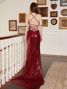 酒紅色cami V領女式晚禮服（重工業風格） - 酒紅色 - 查看 2