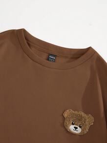 SHEIN EZwear 女用卡通小熊刺繡毛巾布料圓領運動衫 - 棕色 - 查看 4