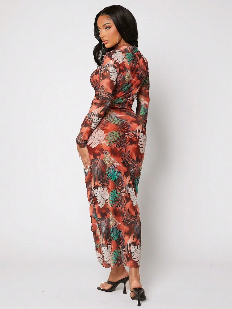 Women'S Botanical Printed Button Up Placket Side Slit Dress