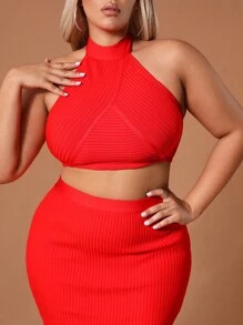 SHEIN SXY Haut Dos Nu Rouge Et Jupe Crayon Rouge Solide Pour Le Nouvel An, Taille Plus - Rouge - Voir 3