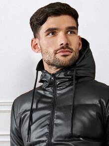 EURMUSE Men Zip Up Drawstring Hooded Puffer Coat - Black - View 2
