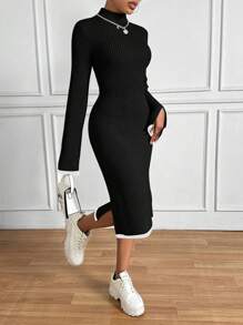 SHEIN Essnce 女式立領開衩袖口毛衣連身裙 - 黑色 - 查看 6