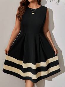 EMERY ROSE 大码女式夏季拼色条纹优雅无袖连衣裙，适合春季 - 黑色 - 查看 1
