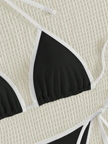 Swim Mod Summer Beach Women's Color-Blocked Halter Strap Bikini Set With Rolled Edge Detail, Two-Piece Bikini Set - Black and White - View 5