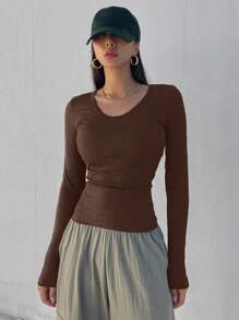 Dazy Star Women's V-Neck Long Sleeve T-Shirt,Fall Clothes,Back To School Clothes Preppy Tops - Coffee Brown - View 4