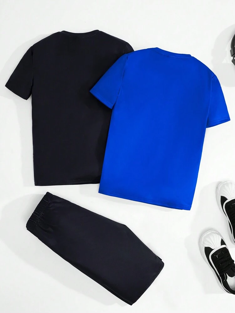 Tween Boy Snug Fit Casual Street Cool Printed Round Neck Short Sleeve Top (Two-Color Optional) With Shorts And Home Clothes Three-Piece Set