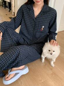 DAZY 2 件套女士格子刺绣图案长袖长裤睡衣套装，秋季衣服 - 藏蓝色 - 查看 5