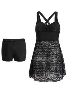 Swim Lushoire Summer Beach Women's Lace Splicing Cami Swimsuit Set Music Festival - Black - View 5