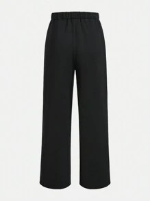 SHEIN Female Teenagers Printed Pattern Gathered T-shirt With Diagonal Pocket Pants Two-piece Set - Black - View 3