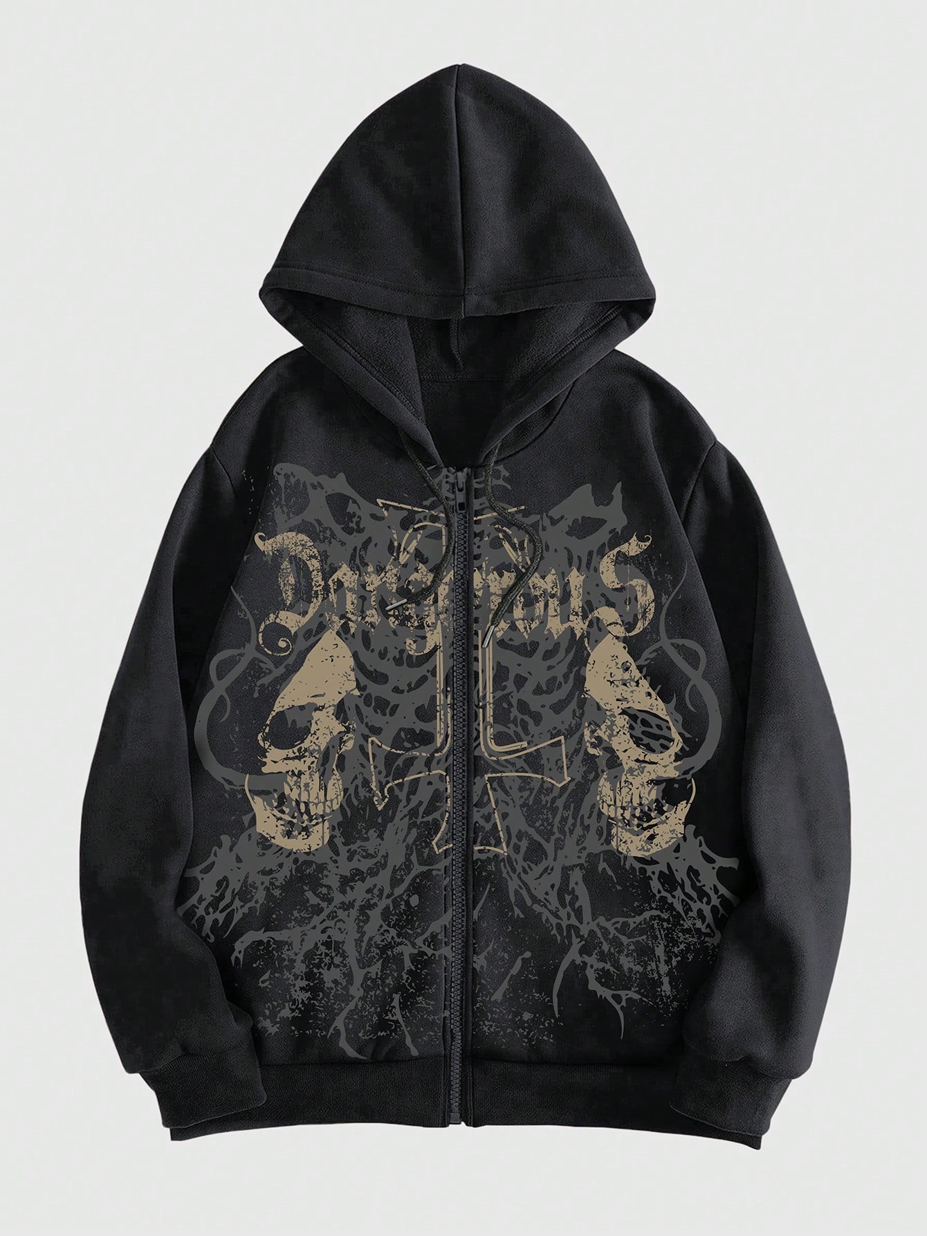 Our Grunge Punk Men's Skull Letter Print Zip Up Hoodie With
