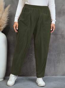 SHEIN LUNE Plus Size Elastic Waist Double Pocket Pants - Army Green - View 4