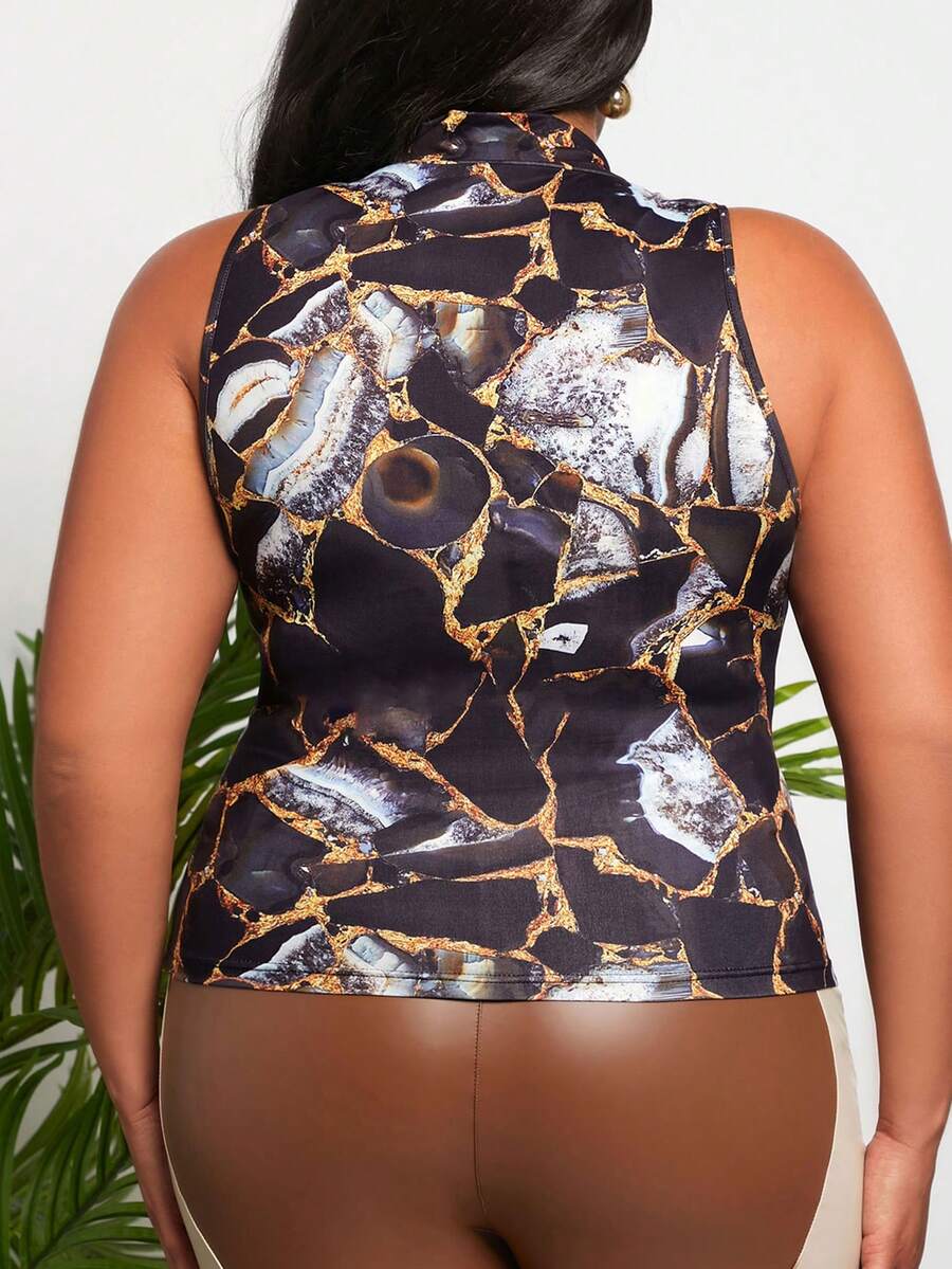 SHEIN Slayr Women'S Plus Size Marble Printed Stand Collar Tank Top For