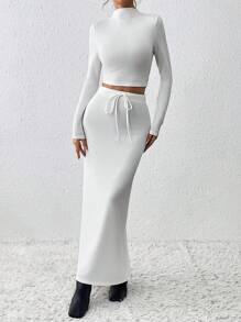 SHEIN Essnce 立領長袖短款t恤和裙子套裝 - 白色 - 查看 6