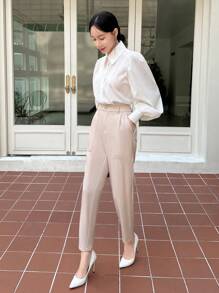 SHEINNeu High-Waisted Slant Pocket Trousers - Khaki - View 5