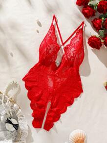 SHEIN Women's Sexy Lace Crotchless Lingerie Bridallingerie, Baddie Look - Red - View 4