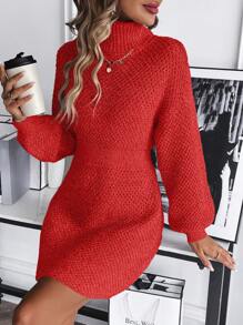 SHEIN Essnce 短領提花蓋肩休閒毛衣裙 - 紅色 - 查看 1