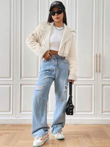 SHEIN EZwear Kurze Pu-lederjacke Mit Pelzkragen Für Damen - Aprikosenfarben - Übersicht 4