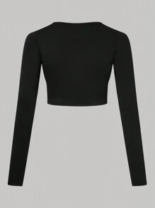 SHEIN Essnce Của phụ nữ Vòng cổ Tay áo dài Áo thun - Xanh đậm - Xem 2