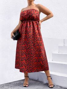 SHEIN Clasi Plus Size Printed Strapless Dress - Red - View 1