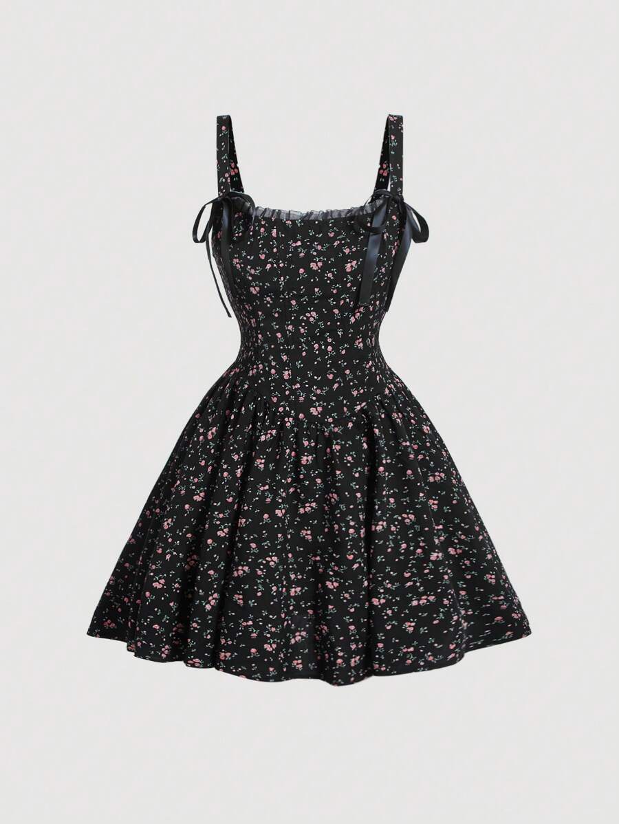 SHEIN MOD Của phụ nữ Mini In hoa Dây đeo Mì Ý Đầm - màu đen - Xem 1