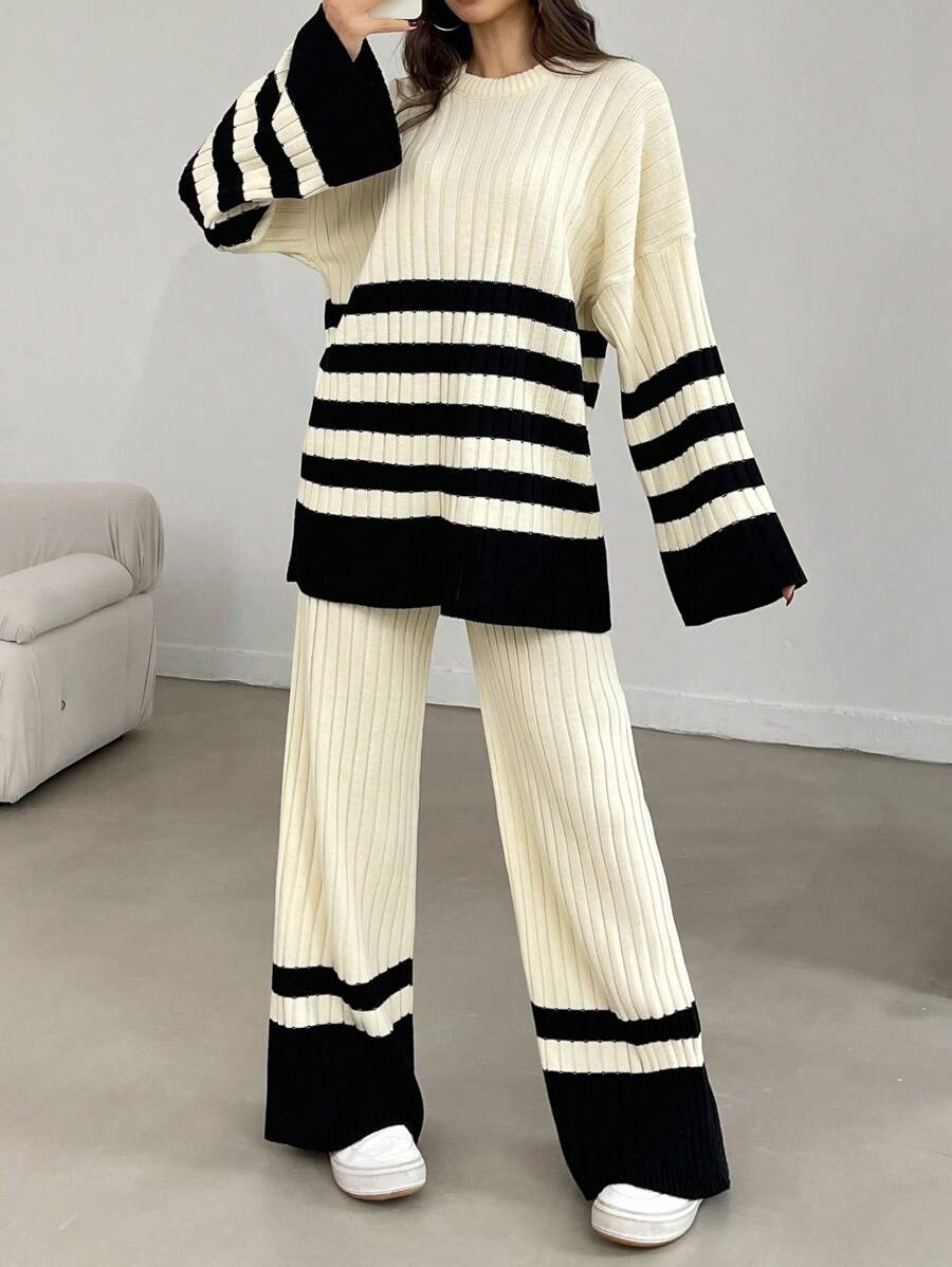 RueChic Women's Striped Drop Shoulder Sweater And Knitted Pants Two-Piece - Beige - View 1