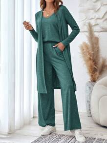 SHEIN LUNE 純色吊帶背心上衣、長褲和開襟夾克 3 件套 - 墨綠色 - 查看 1