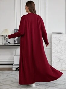SHEIN LUNE 2pcs/Set Plus Size Solid Color Tank Top, Slanted Pocket Trousers And Open Front Coat Outerwear - Burgundy - View 2