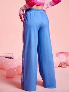 SHEIN PETITE 女士心形印花抽绳腰长裤，配色块和卷边下摆 - 黑色 - 查看 2