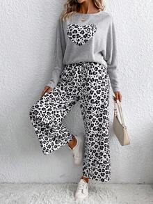 SHEIN LUNE Women's Leopard Print Top And Pants Set - Grey - View 6