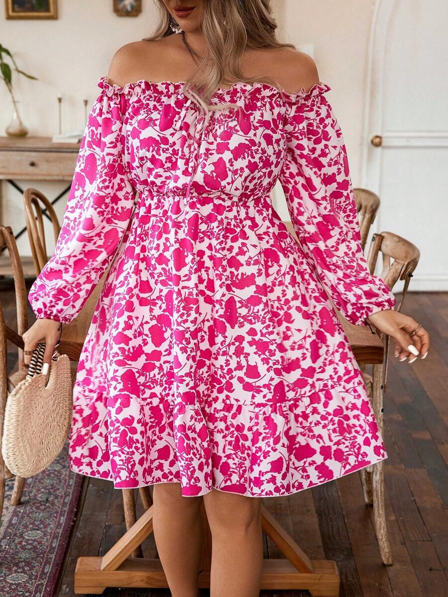 Breezaya 大尺碼女士露肩印花連身裙 - 玫紅色 - 查看 1