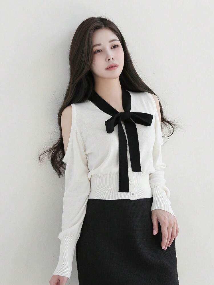 Women's Color Block Tie Cold-Shoulder Sweater,Fall Clothes