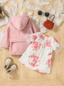 英倫風格寶寶女孩套裝,連帽翻領束腰呢子外套和直筒花網裙,適合可愛優雅時尚的秋冬季 - 彩色 - 查看 2