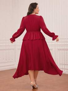 Modelyn Conjunto De Dos Piezas De Falda Y Top Fruncido Con Cintura Con Dobladillo Con Volantes Para Mujer De Talla Grande - Rojo - Ver 2