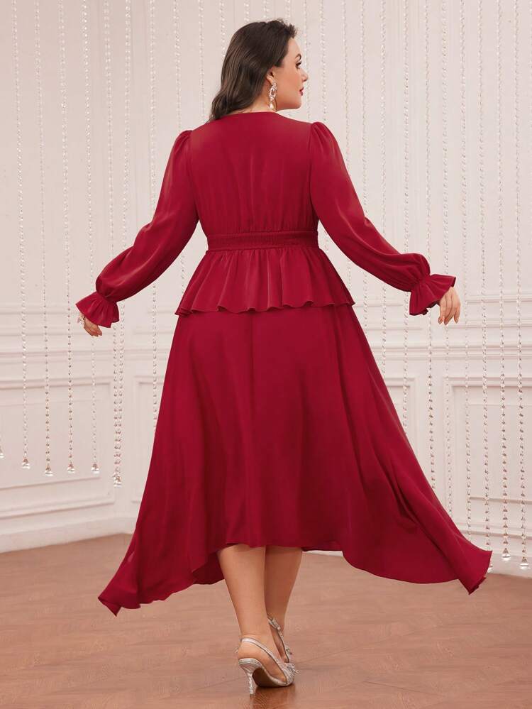 Plus Size Women'S Ruffled Hem Waist Shirred Top And Skirt Two Piece Set
